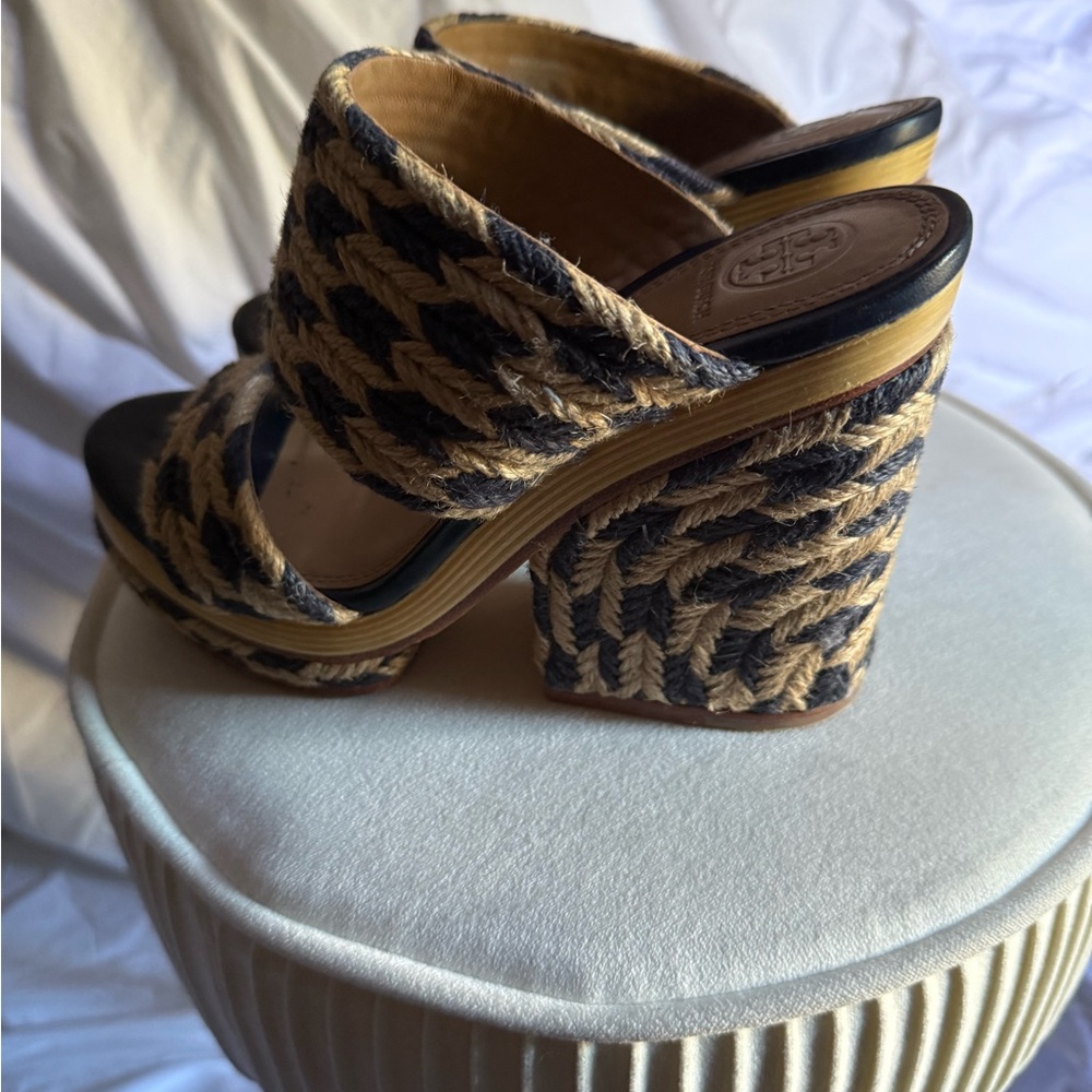 Tory Burch Black and Tan Woven Mules